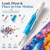 A white and blue diamond painting pen is shown dispensing beads onto a colorful canvas.
