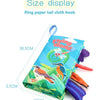 A display of a Ring paper tail cloth book showing its size, featuring colorful illustrations and crinkle sounds.