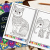An open color by number book showing a detailed cat and elephant illustration with corresponding number guides.