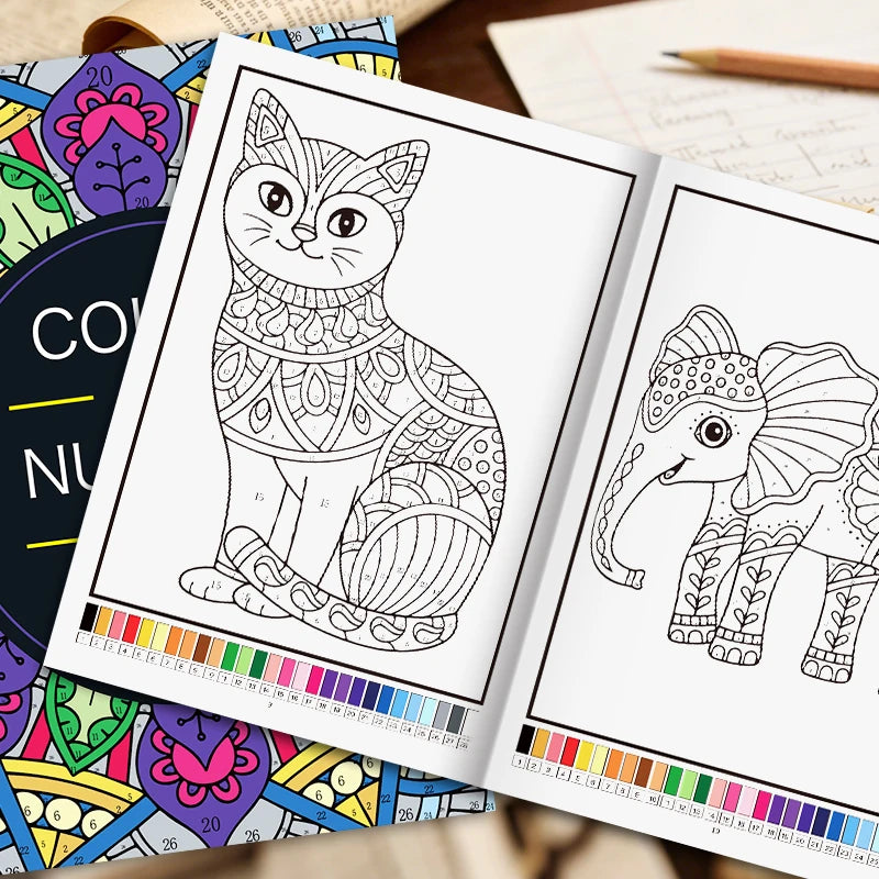 An open color by number book showing a detailed cat and elephant illustration with corresponding number guides.