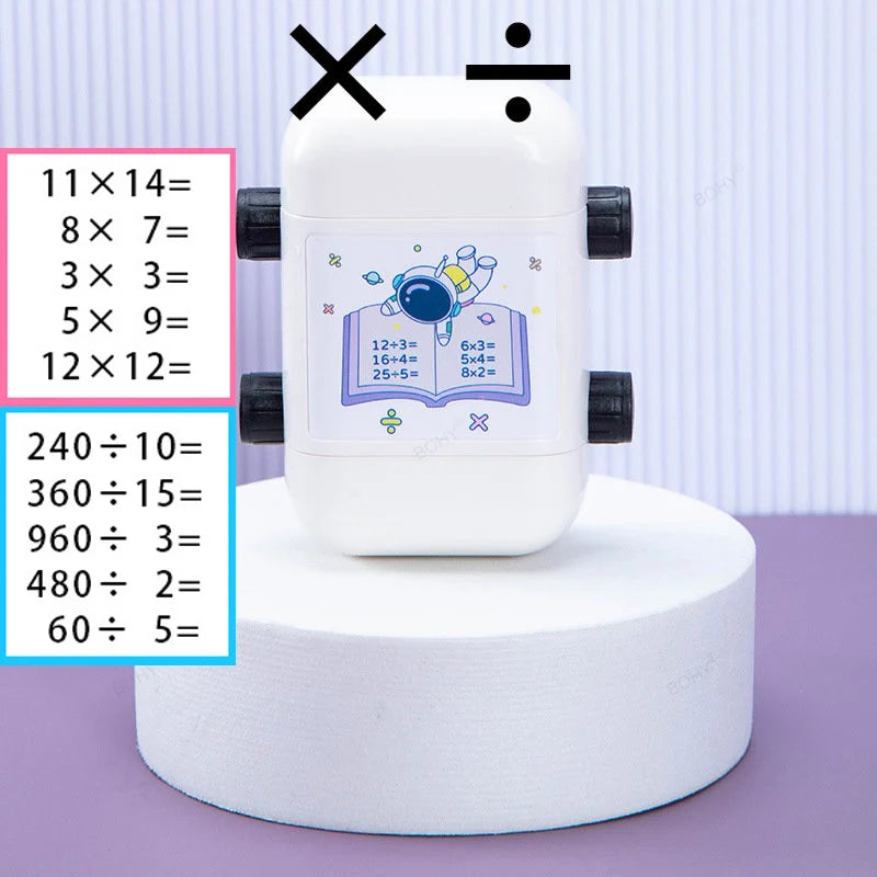 A white 3D roller stamp for math practice showing various addition and subtraction problems.