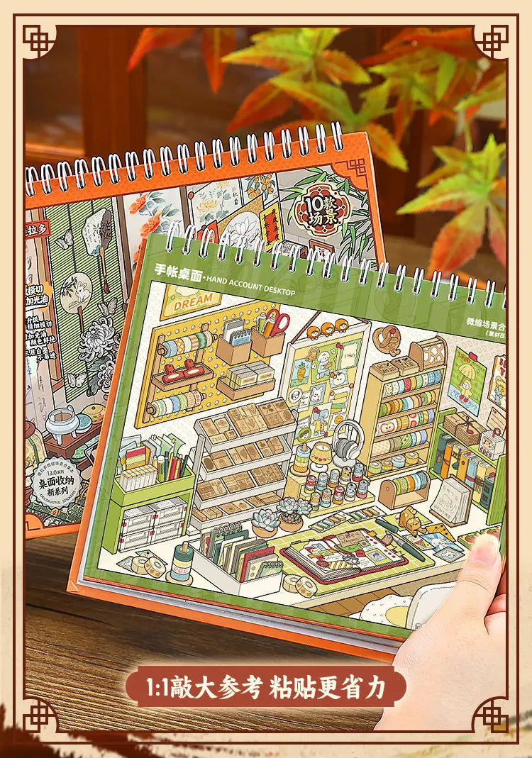A close-up of a 10-in-1 desktop organizer and scrapbook sticker set featuring various compartments and decorative elements.