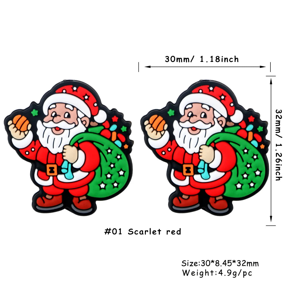 A silicone bead depicting Santa Claus with a red suit and white beard, featuring festive Christmas colors.