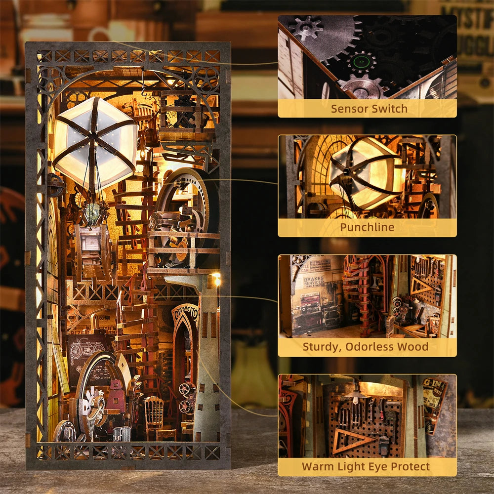A detailed miniature wooden book nook kit featuring various tools and decorative elements like a sensor switch and punchline.