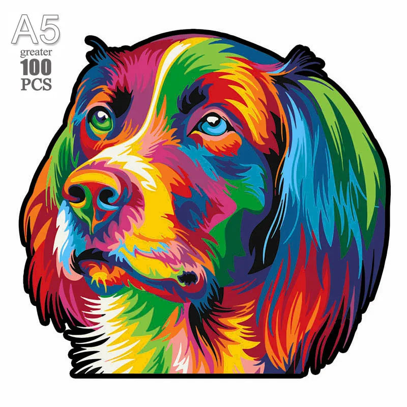 A vibrant, colorful illustration of a puppy dog's head in a portrait style.