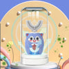 A blue electric toothbrush with a U-shaped head is displayed inside a clear light column on a white base.
