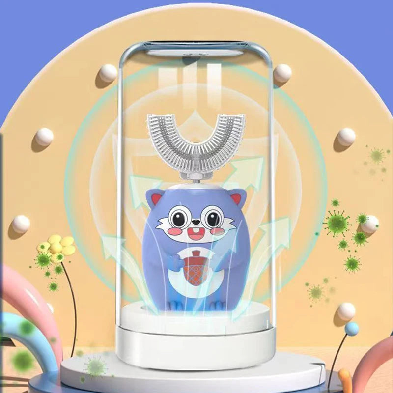 A blue electric toothbrush with a U-shaped head is displayed inside a clear light column on a white base.