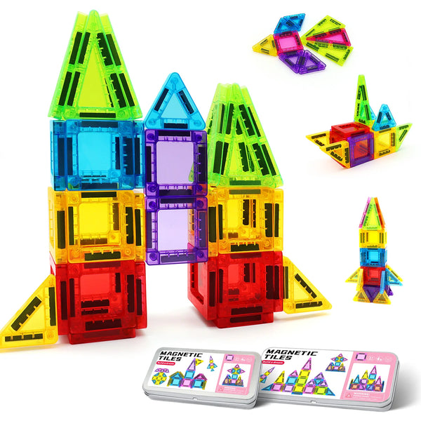 A tower of colorful magnetic tiles featuring geometric shapes in green, blue, yellow, and red.