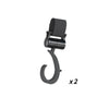 A pair of black 360° rotating stroller hooks for diaper bags and shopping.