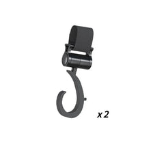 A pair of black 360° rotating stroller hooks for diaper bags and shopping.