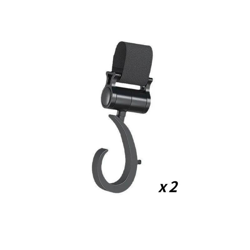 A pair of black 360° rotating stroller hooks for diaper bags and shopping.