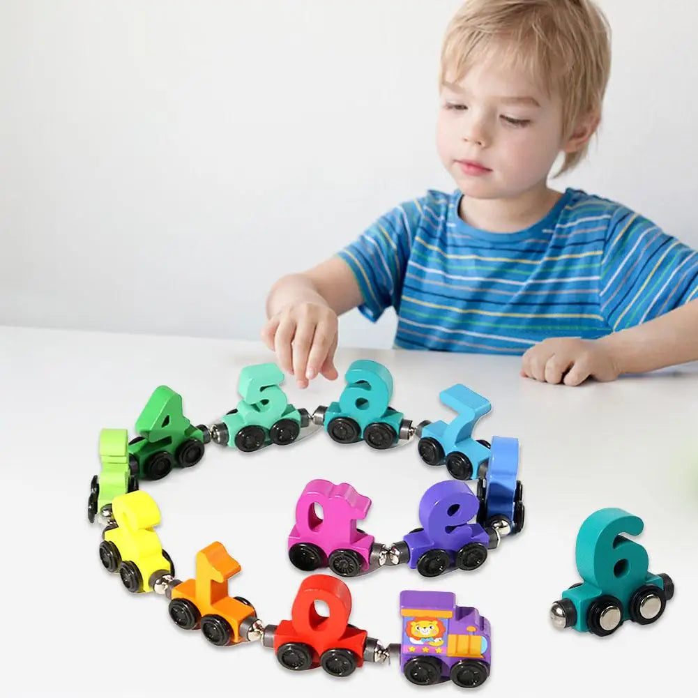 A wooden magnetic number train set featuring colorful numbered cars for toddlers.