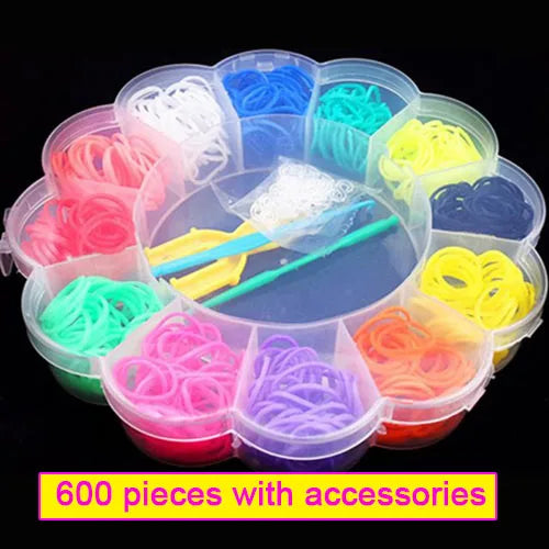A colorful rainbow loom bands kit for kids showing various colored rubber bands and accessories in clear plastic containers.