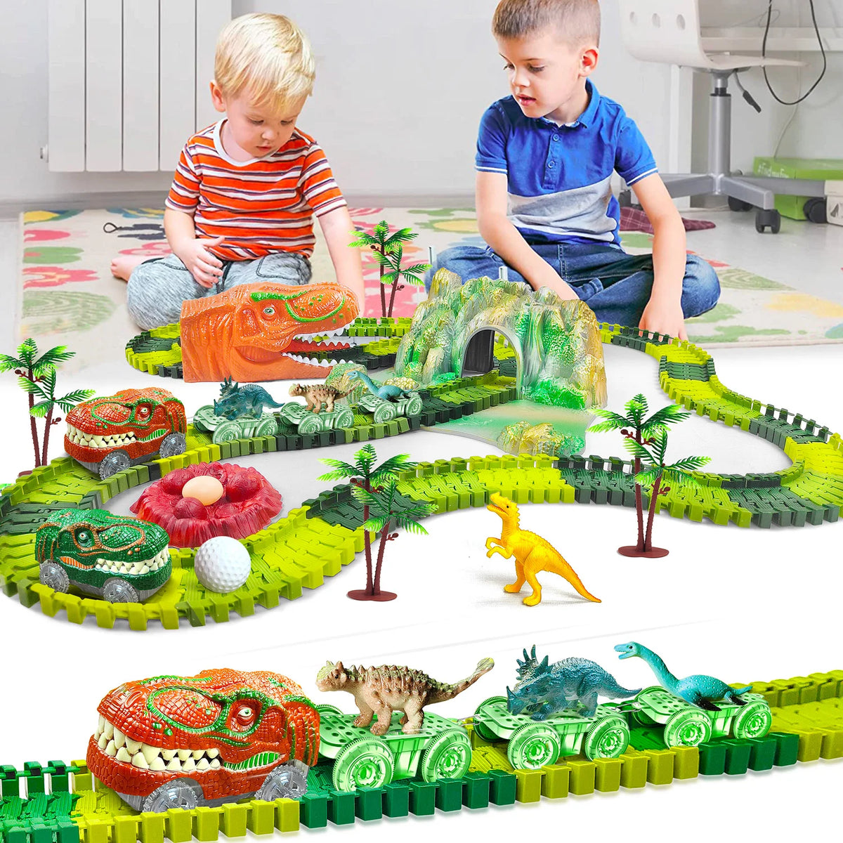 Dinosaur Train Toy Set with Flexible Road Race Track and Dino Car
