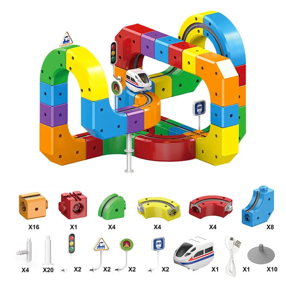 A set of colorful magnetic cubes and a USB rechargeable train for building tracks