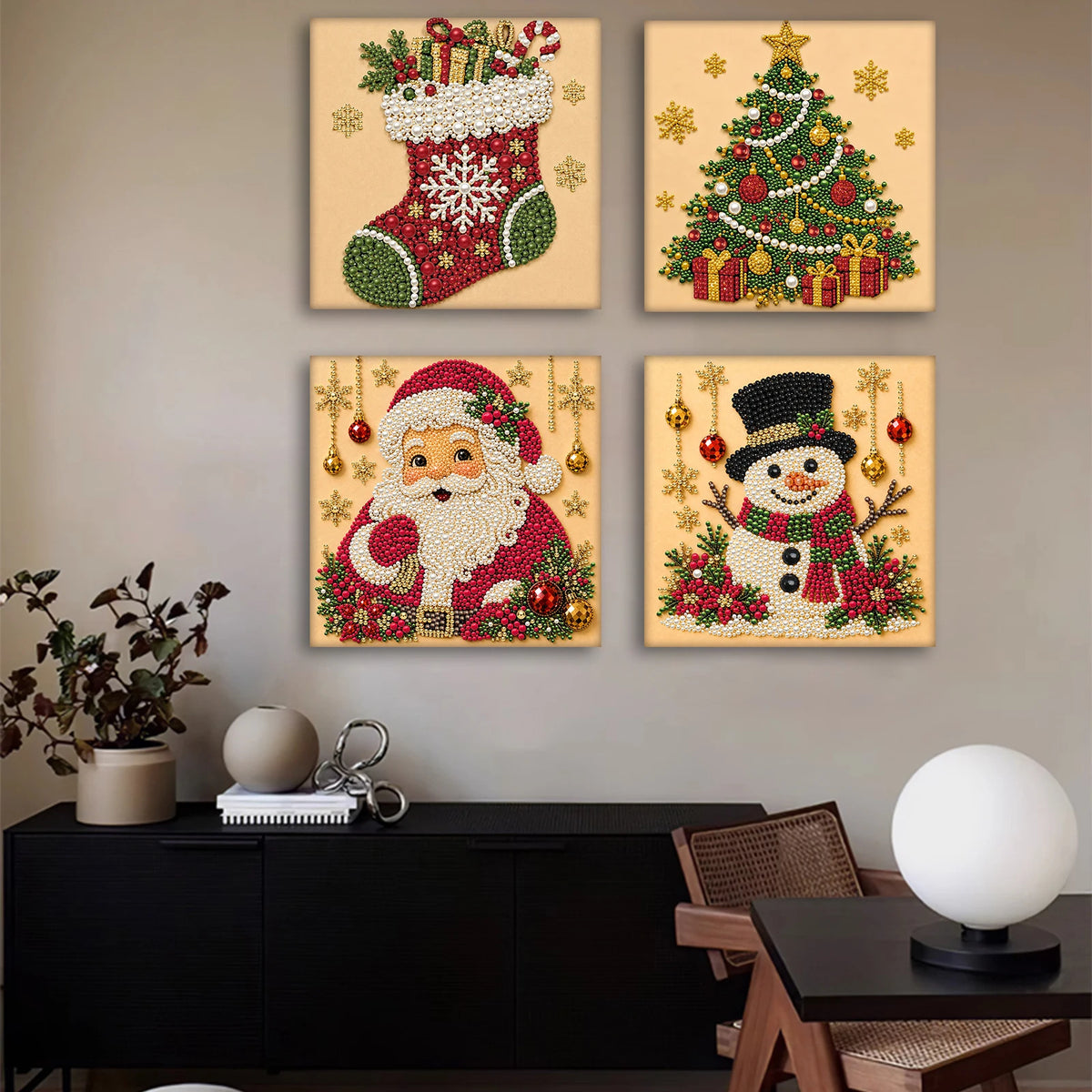 Three framed pearl diamond art pieces depicting Christmas themes: a stocking, a Christmas tree, and a snowman.