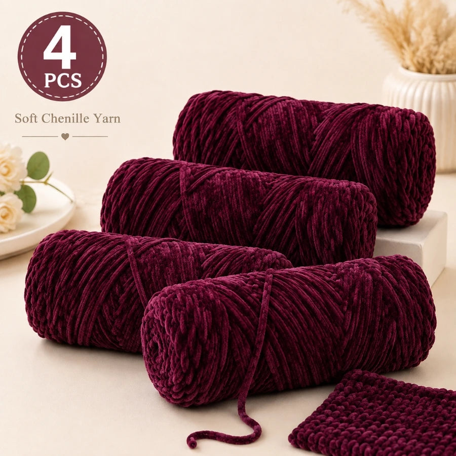 Four packs of deep purple soft chenille yarn for crochet and knitting projects.