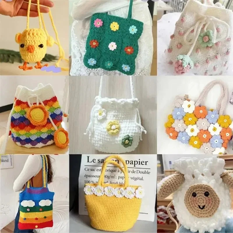 A collection of handmade crochet and knitted bags and accessories made from various colored yarn.