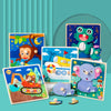 A collection of colorful wooden puzzles featuring jungle animals and educational shapes for toddlers.