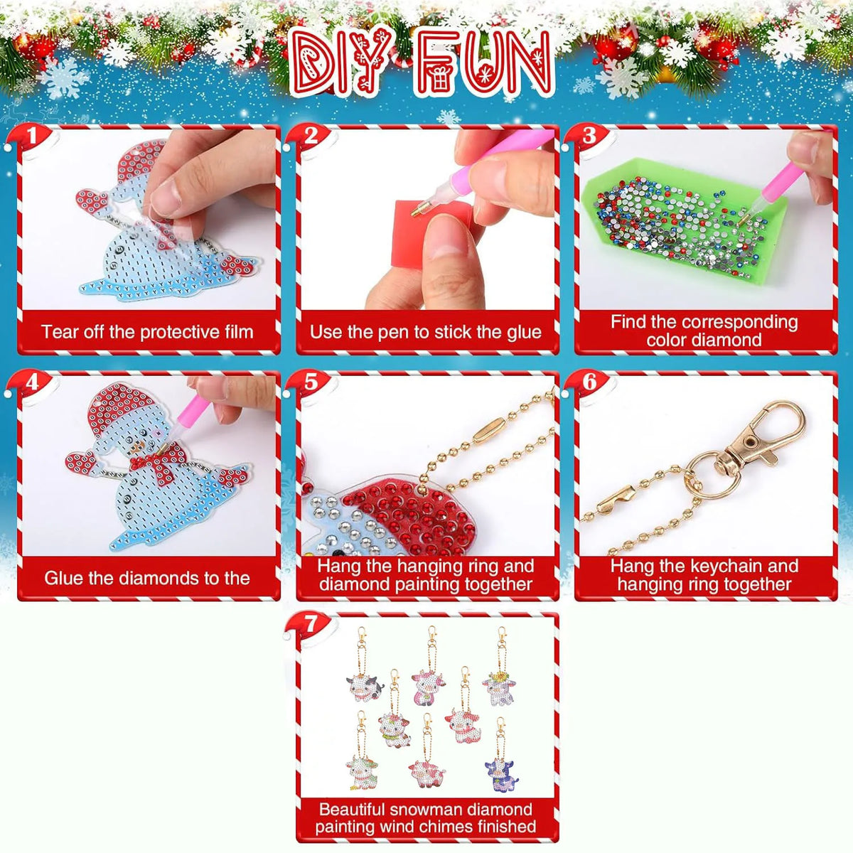 A step-by-step guide showing how to make a snowman diamond painting keychain craft kit.