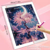 A diamond painting kit featuring a moonlit tree landscape with pink and purple hues on a canvas.