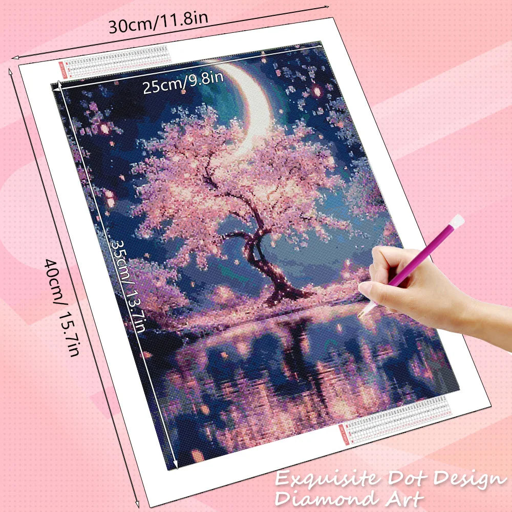 A diamond painting kit featuring a moonlit tree landscape with pink and purple hues on a canvas.