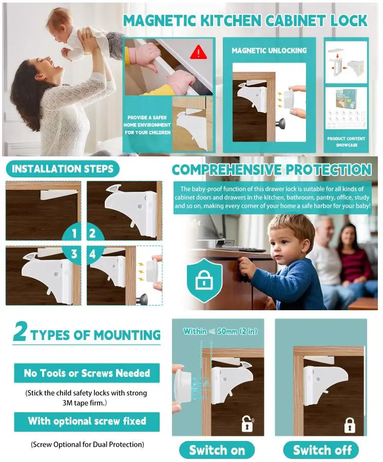 Magnetic kitchen cabinet and drawer safety locks shown in various installation steps and usage contexts.