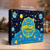 A box of a 24-day holiday countdown magic dice set featuring festive blue and gold dice against a dark background.