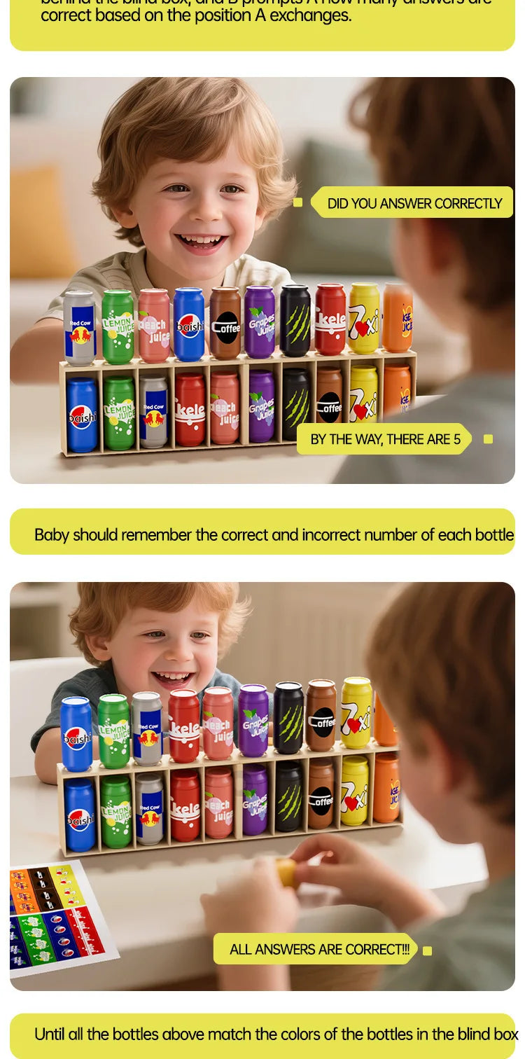 A child is playing a memory matching game with colorful bottles and labels.