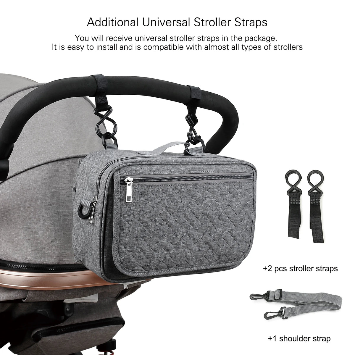 A gray portable diaper bag stroller organizer with multiple universal stroller straps included.