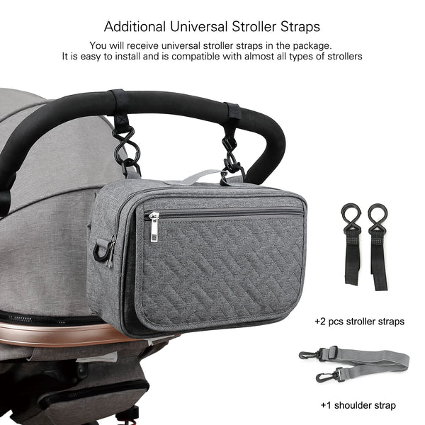 A gray portable diaper bag stroller organizer with multiple universal stroller straps included.