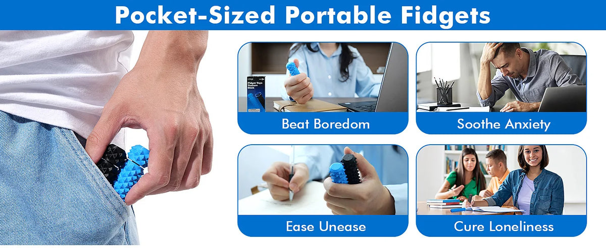 A hand holds a blue fidget toy, illustrating pocket-sized portable fidgets for boredom, anxiety, unease, and loneliness.