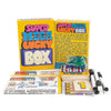 A box of the Super Mega Lucky Box board game with colorful packaging and rule cards.