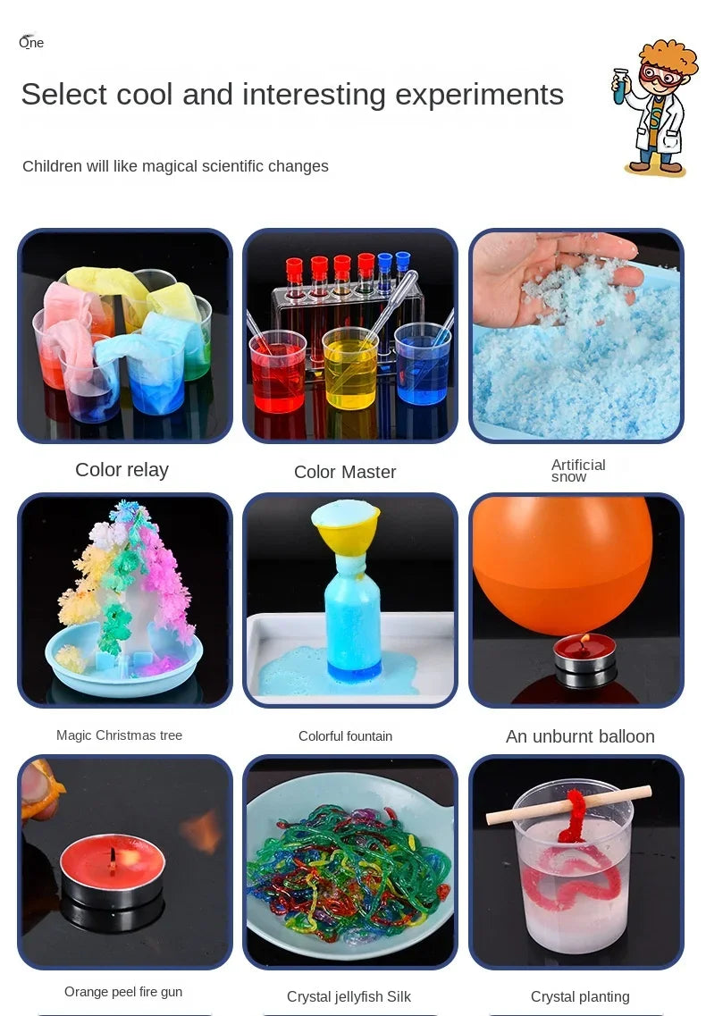 A collection of science experiment kits including color relay, color master, artificial snow, magic Christmas tree, colorful 