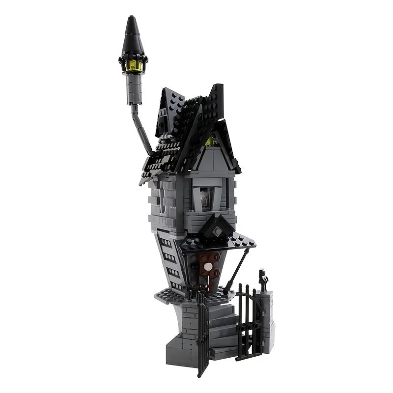 A detailed building block set of a haunted house featuring a dark gray structure and a glowing lantern.