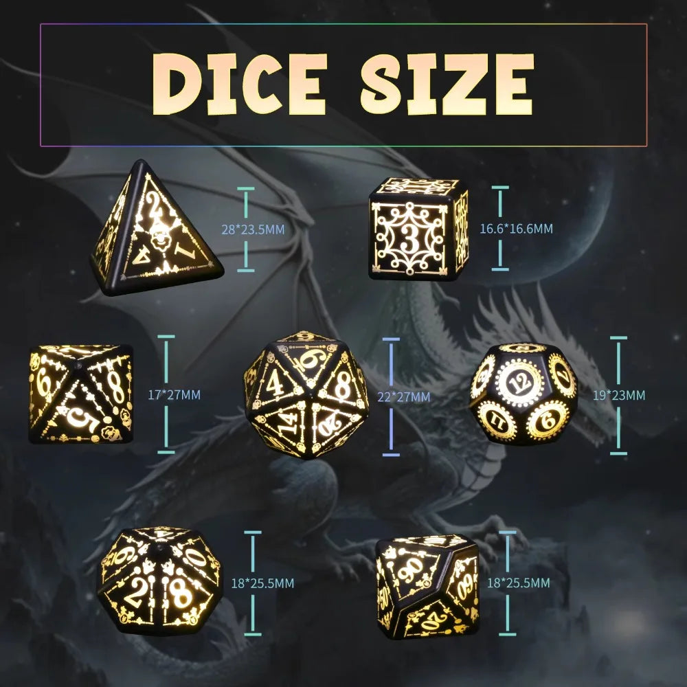 A collection of various sized glow dice, including triangular, cubic, and dodecahedral shapes, displayed against a dark backg