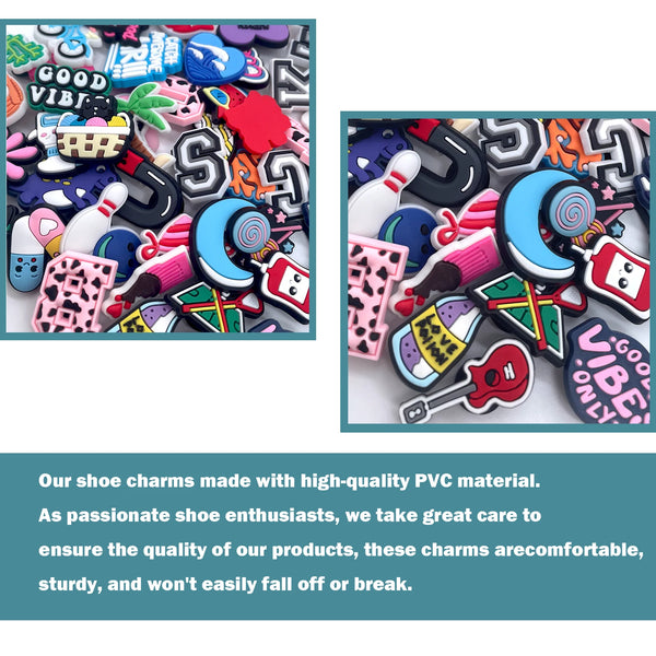 A collection of colorful DIY PVC shoe charms for sandals and bags featuring various shapes and designs.