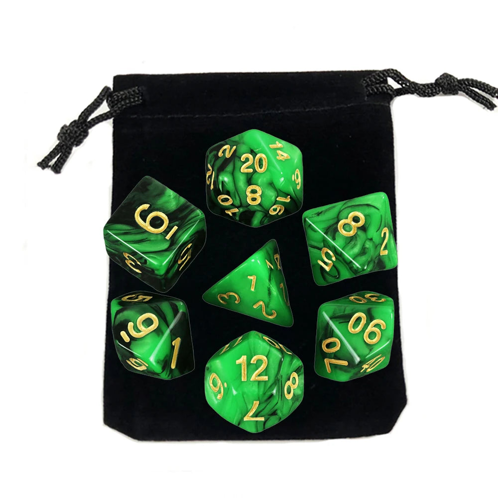 A set of green polyhedral dice, including d20s and d12s, stored in a black fabric bag.