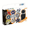 A box containing a spinning top battle set with launchers and accessories for ages 6 and up.