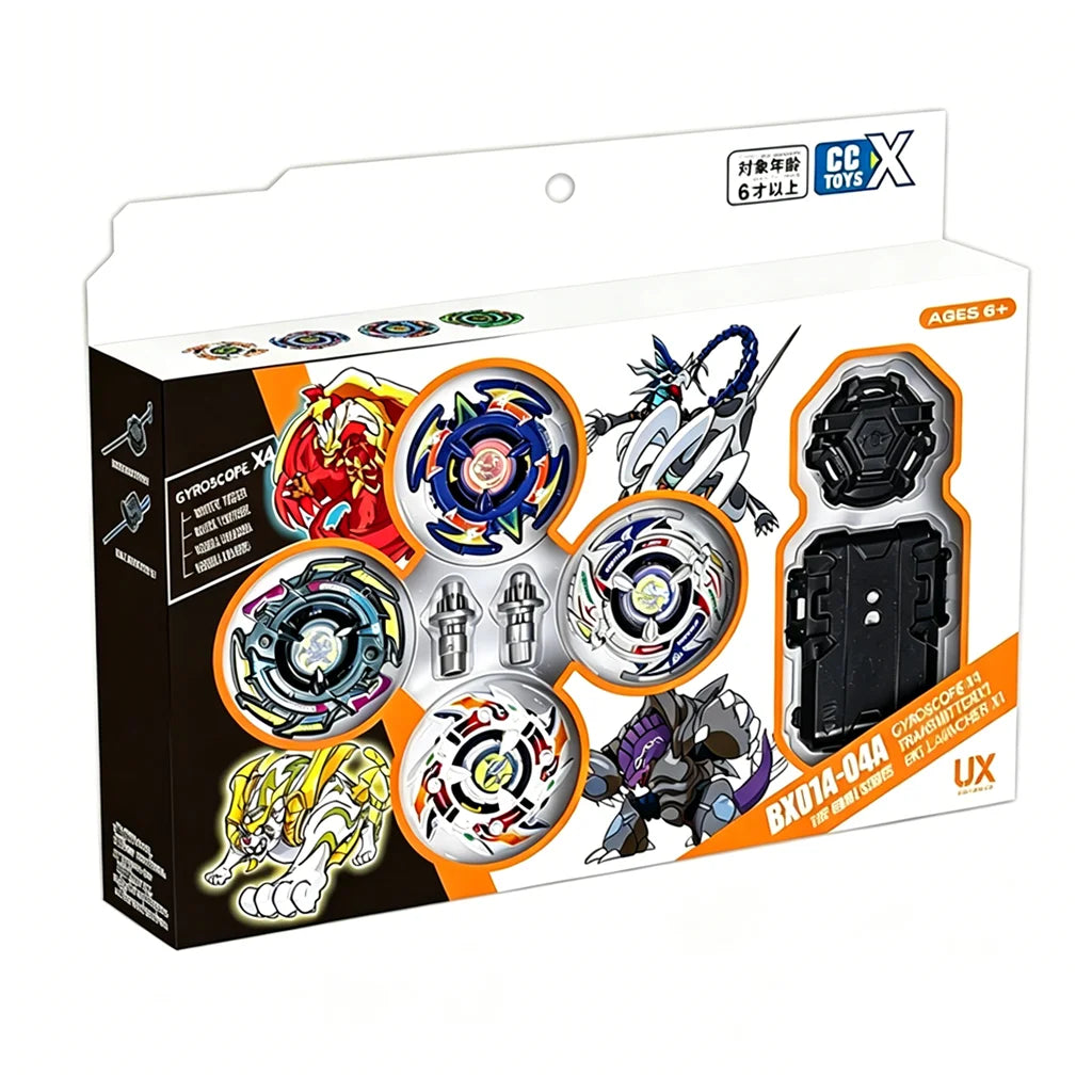 A box containing a spinning top battle set with launchers and accessories for ages 6 and up.