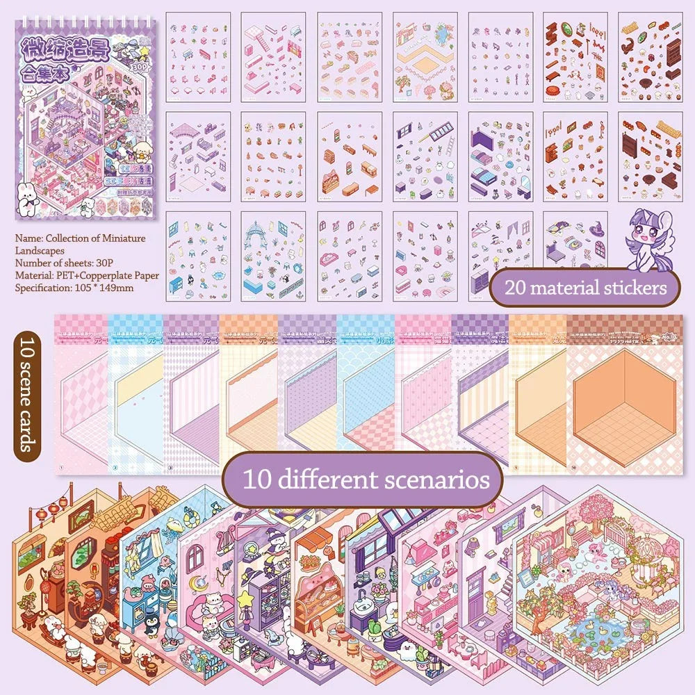 A collection of 20 material stickers and 10 different scenarios for a 3D cabin scene sticker book.