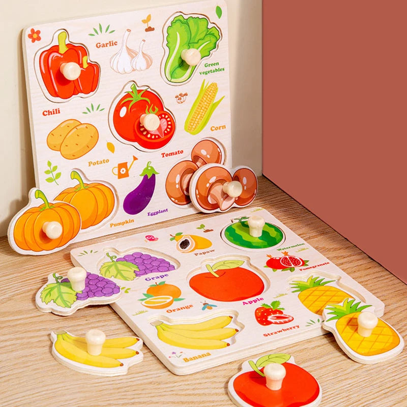 Toddler Wooden Puzzle Set - Animal, Traffic & Fruit Theme - Montessori Learning Toy