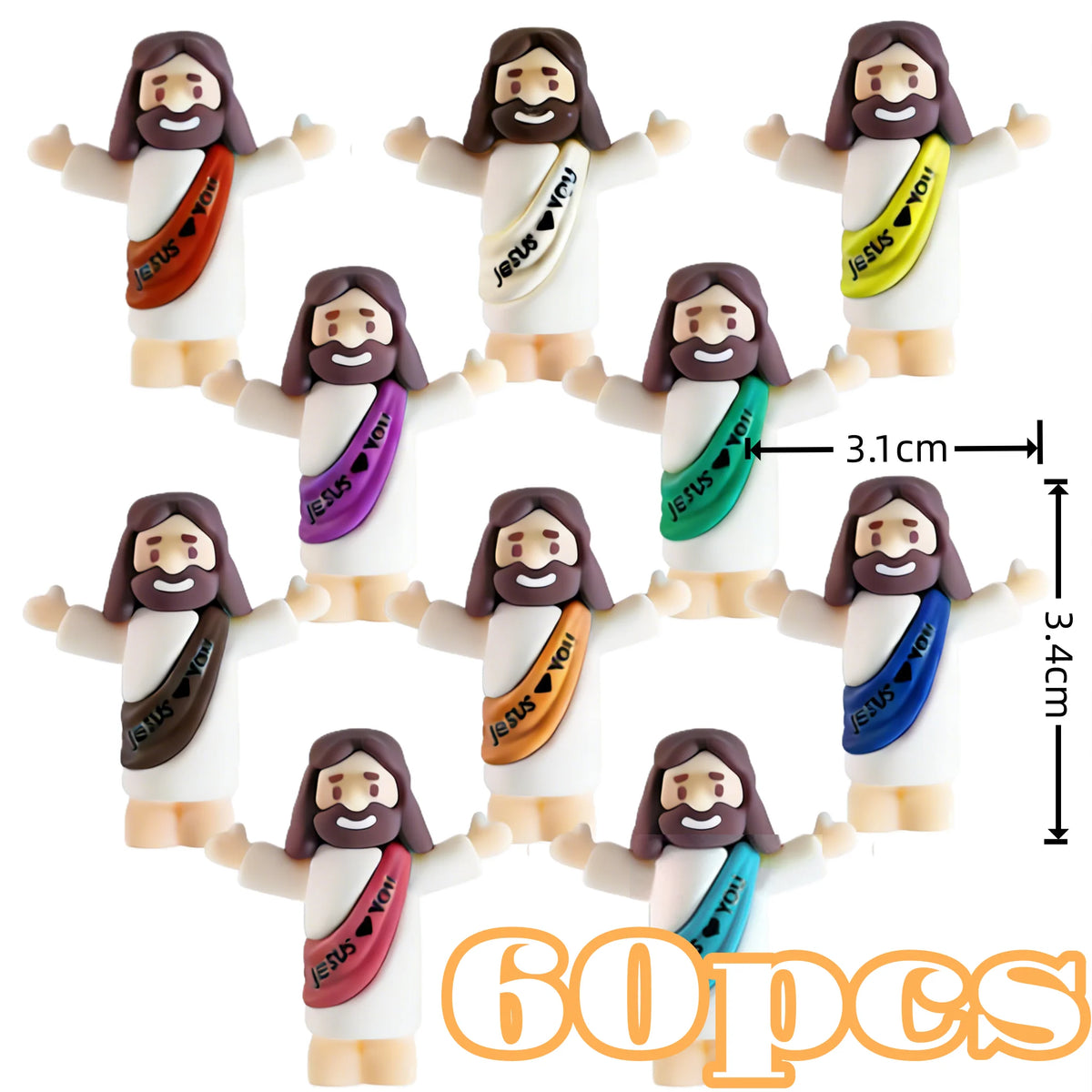 A set of 60 mini religious statues depicting Jesus with outstretched arms and a halo for festive decor