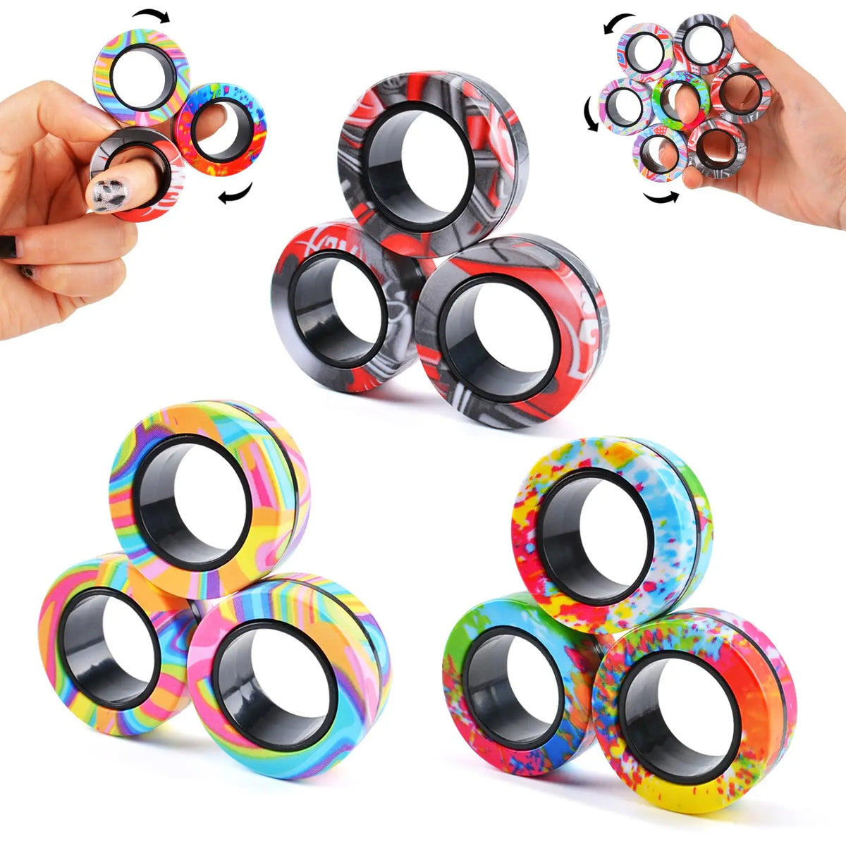 A set of magnetic fidget spinning rings in various colors including black, red, yellow, and blue, shown being held by a hand.