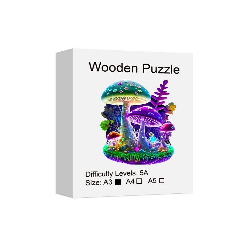 A box for a wooden puzzle featuring colorful, animal-shaped mushrooms.