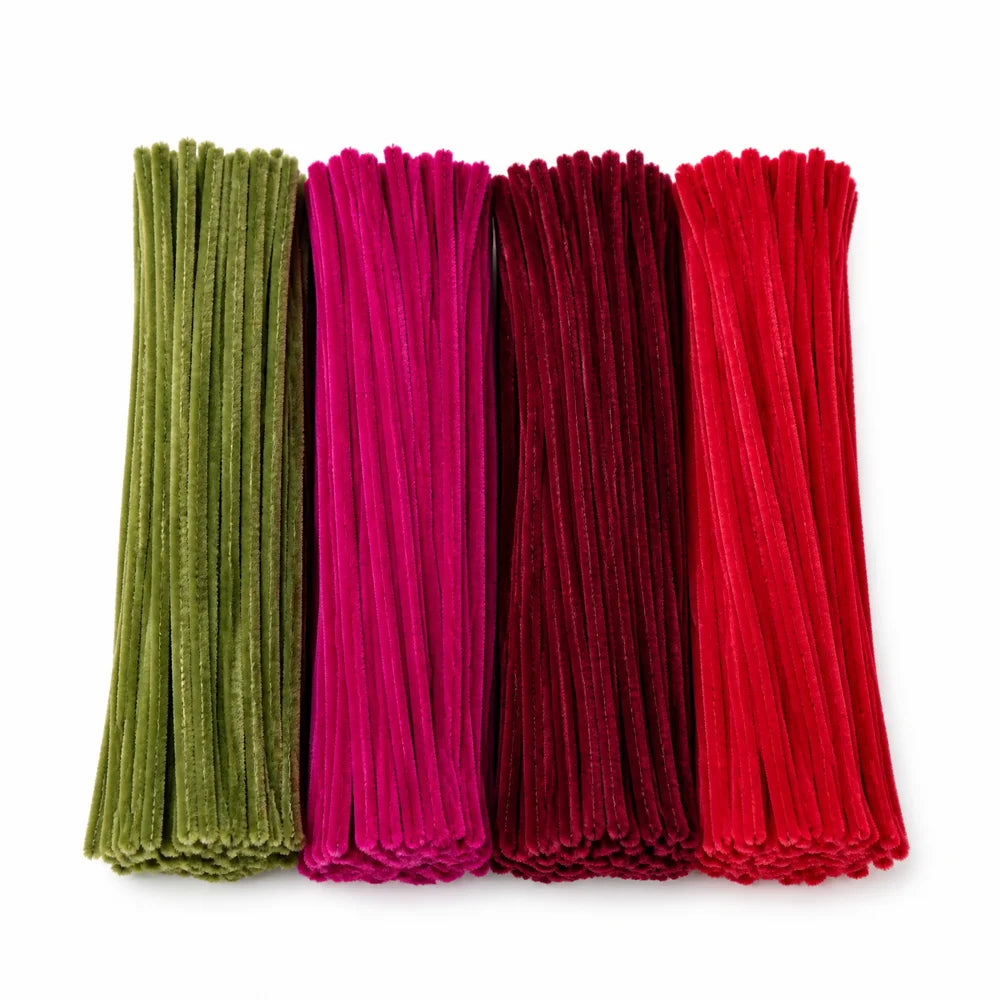 A bundle of 400 chenille stems in various shades of green, pink, and red.