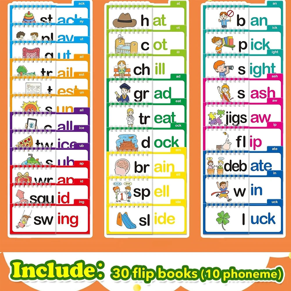 A set of 30 phonics flip books and sight word flash cards for early readers featuring various letters and words.