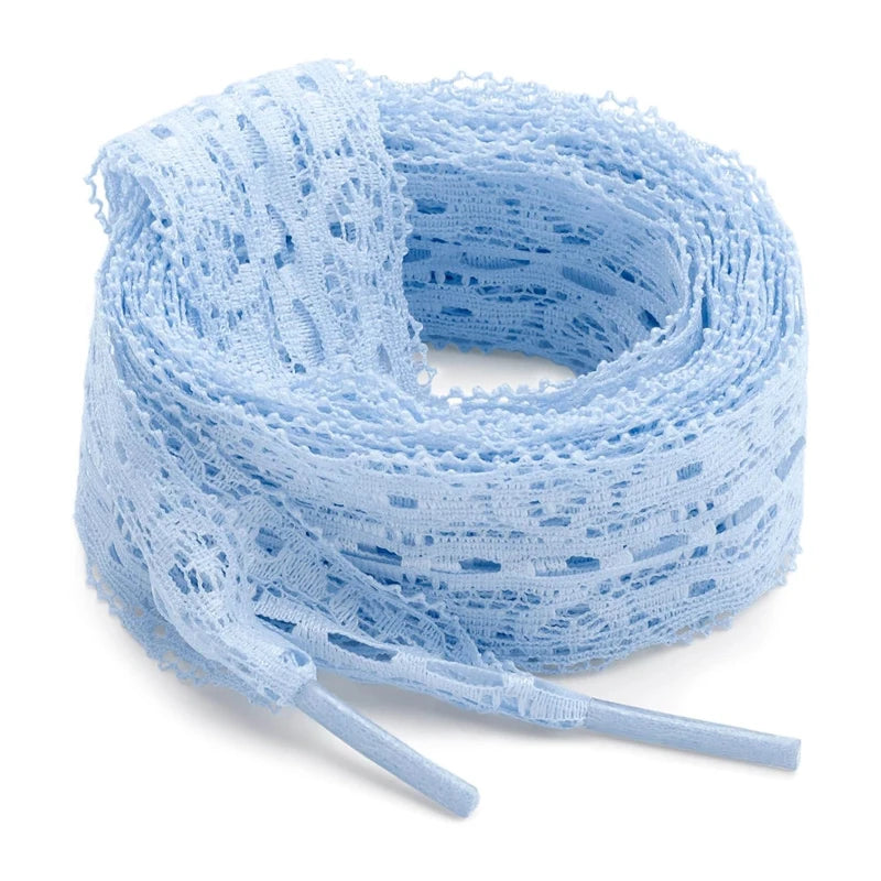 A spool of light blue flat elastic silk shoelaces in a tangled, coiled form.