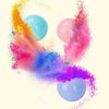 A vibrant explosion of colored powder and light blue play balls against a white background.