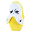 A yellow plush toy shaped like a banana with a distressed face, used as a fruit-sensing musical piano toy.